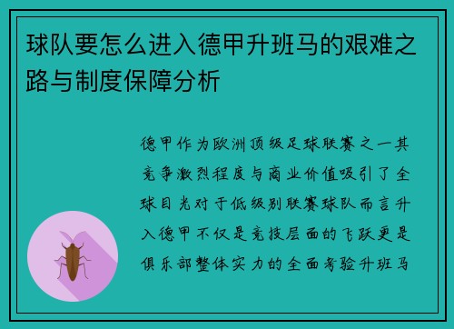 球队要怎么进入德甲升班马的艰难之路与制度保障分析